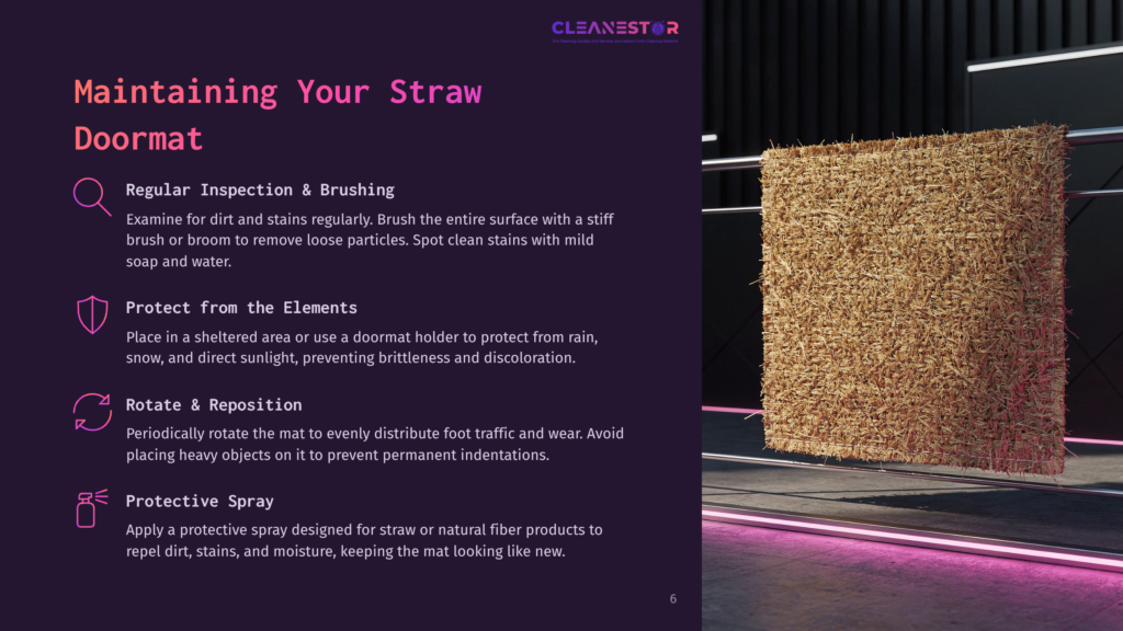 A Straw Doormat On A Stand, With Cleaning Tips Displayed On A Purple Background, Featuring White Text And A Modern Layout.
