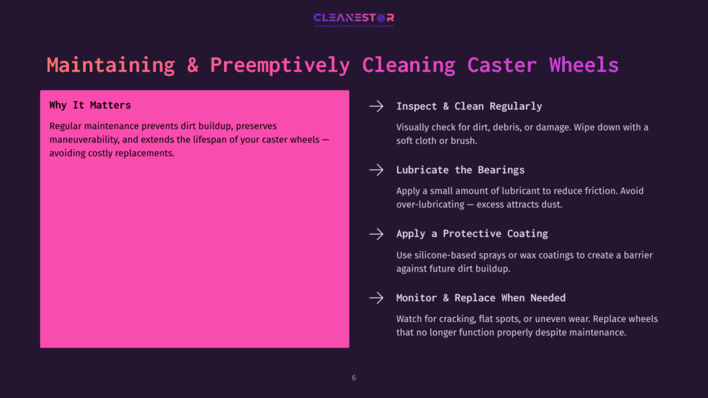 6 Maintaining And Preemptively Cleaning Caster Wheels Bright Pink And Black Layout Detailing Steps For Cleaning Caster Wheels, With Bulleted Instructions On Cleaning, Lubrication, And Maintenance.