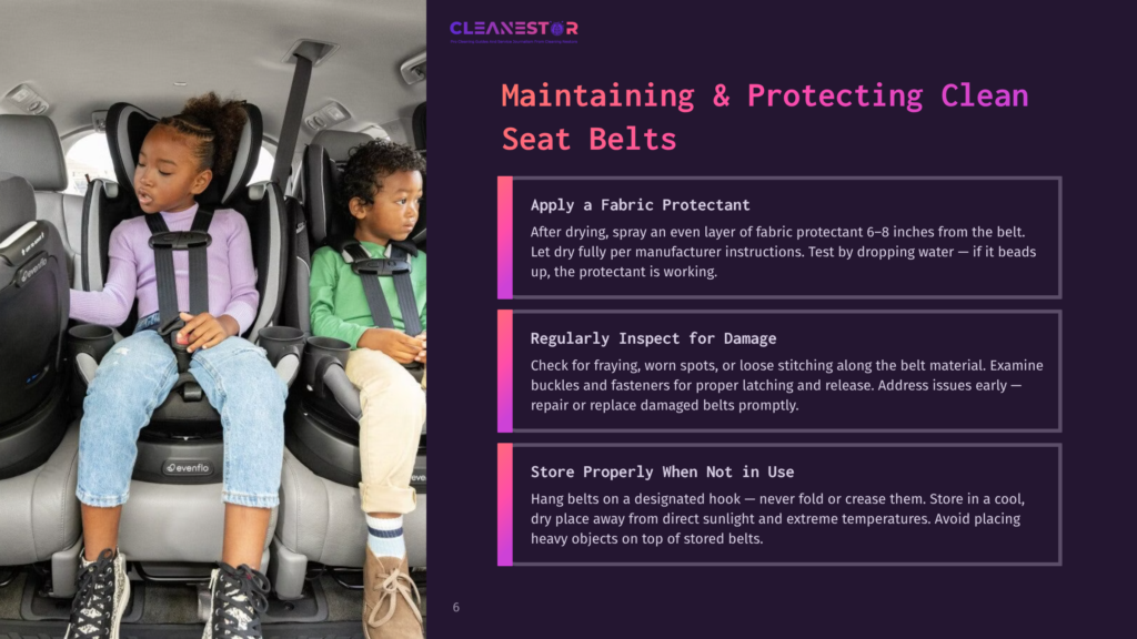 Two Children Sitting In Car Seats, With Visible Seat Belts. A Guide Lists Tips For Maintaining And Cleaning Seat Belts In The Background.