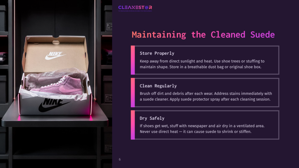 Nike Blazers In A Shoe Box, Displayed With Cleaning Tips. Background Features A Dark Storage Unit; Text Highlights Suede Care Instructions.