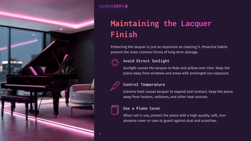 A Glossy Black Grand Piano Sits In A Modern, Dimly Lit Room With Pink Neon Lighting. The Image Is Part Of A &Quot;Cleanestor&Quot; Guide On Maintaining Lacquer Finishes.