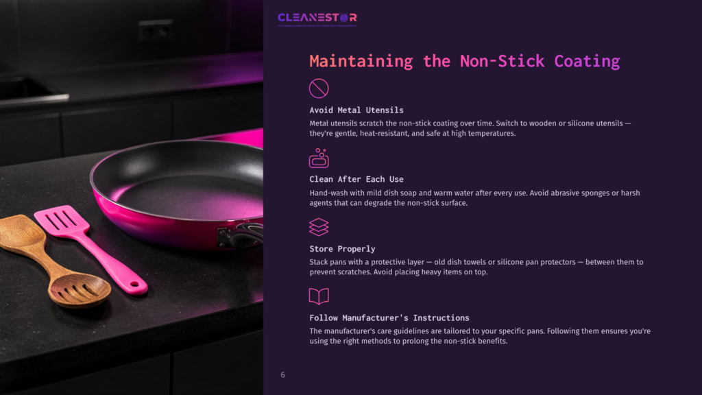 A Black And Pink Caraway Pan Sits On A Dark Countertop Next To Wooden Utensils, With Cleaning Tips Displayed In Bold Text.
