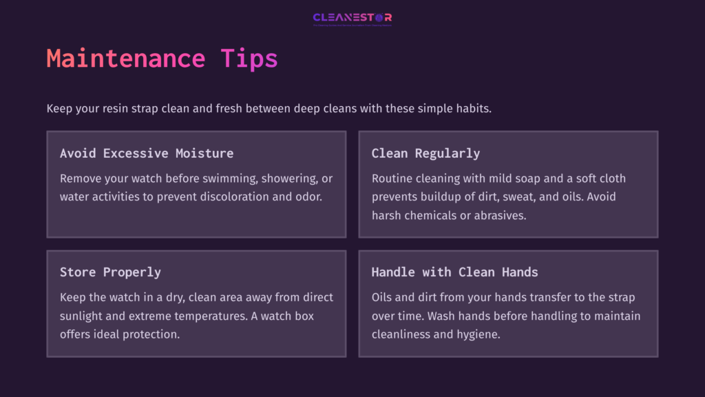 6 Maintenance Tips Tips For Maintaining A Resin Watch Strap, Featuring Four Sections With Purple Backgrounds, White Text, And Icons For Each Maintenance Tip.