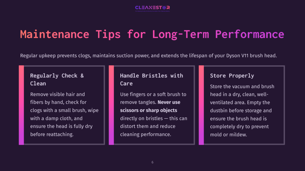 Four Colorful Sections On Maintenance Tips For A Dyson Vacuum, Featuring Text In White And Pink On A Dark Background, With Icons For Clarity.