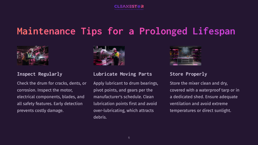 Three Panels With Maintenance Tips: Inspect Regularly With A Close-Up Of Industrial Machinery, Lubricate Moving Parts With A Close-Up Of A Machine'S Gears And Joints, And Store Properly With A View Of A Clean, Organized Workshop With A Tarp-Covered Machine.