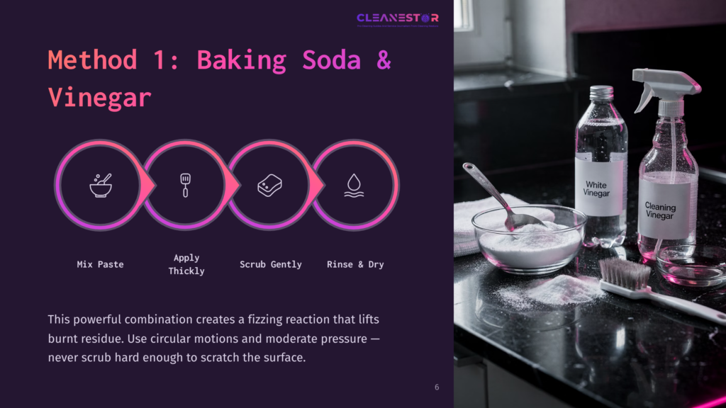 A Stainless Steel Teapot Alongside A Bowl Of Baking Soda, A Bottle Of White Vinegar, And A Cleaning Brush On A Dark Countertop.