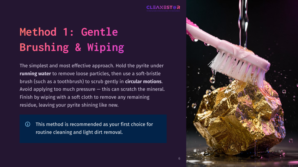 6 Method 1 Gentle Brushing And Wiping Close-Up Of A Gold Nugget Being Gently Cleaned With A Pink Toothbrush Under Running Water, With Text &Quot;Method 1: Gentle Brushing &Amp; Wiping&Quot; Visible.