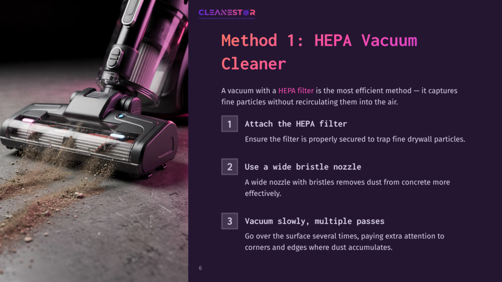 Close-Up Of A Hepa Vacuum Cleaner With A Wide Bristle Nozzle In Action, Capturing Dust And Debris From A Concrete Floor. Text Overlay: &Quot;Method 1: Hepa Vacuum Cleaner&Quot;.