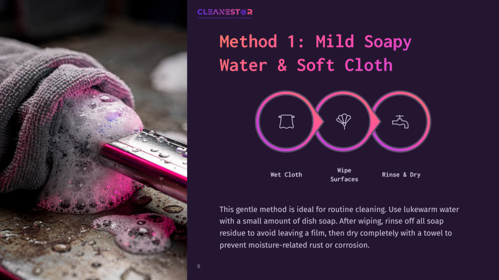 Close-Up Of A Microfiber Cloth With Pink And Purple Sudsy Foam, Cleaning A Metal Surface. Method 1: Mild Soapy Water &Amp; Soft Cloth. Text Explains Routine Cleaning With Dish Soap And Lukewarm Water.