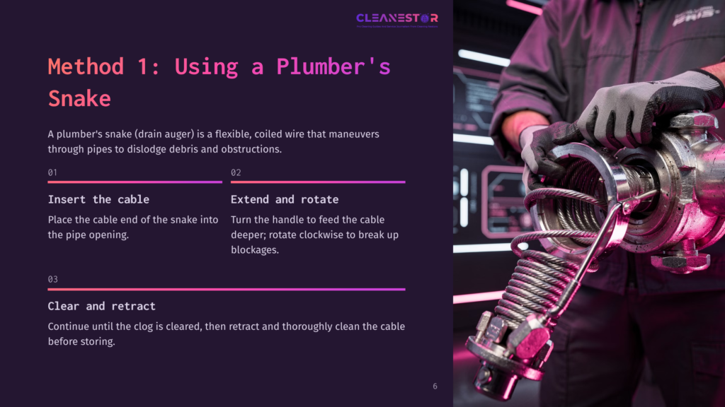 Close-Up Of A Plumber'S Hands Wearing Grey Gloves, Holding A Coiled Plumber'S Snake (Drain Auger) With A Metal Nozzle, Ready To Clear A Pipe Blockage. Instructions For Using The Plumber'S Snake Are Visible On The Left.