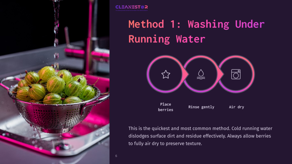 Method 1: Washing Under Running Water. Gooseberries In A Colander Being Rinsed Under A Faucet, With Icons For Placing, Rinsing, And Air Drying.