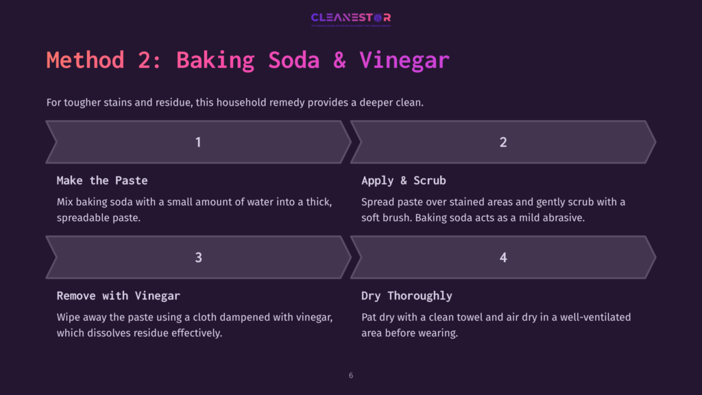 6 Method 2 Baking Soda And Vinegar Method 2: Baking Soda &Amp; Vinegar Cleaning Steps. Step 1: Make The Paste. Step 2: Apply &Amp; Scrub. Step 3: Remove With Vinegar. Step 4: Dry Thoroughly.