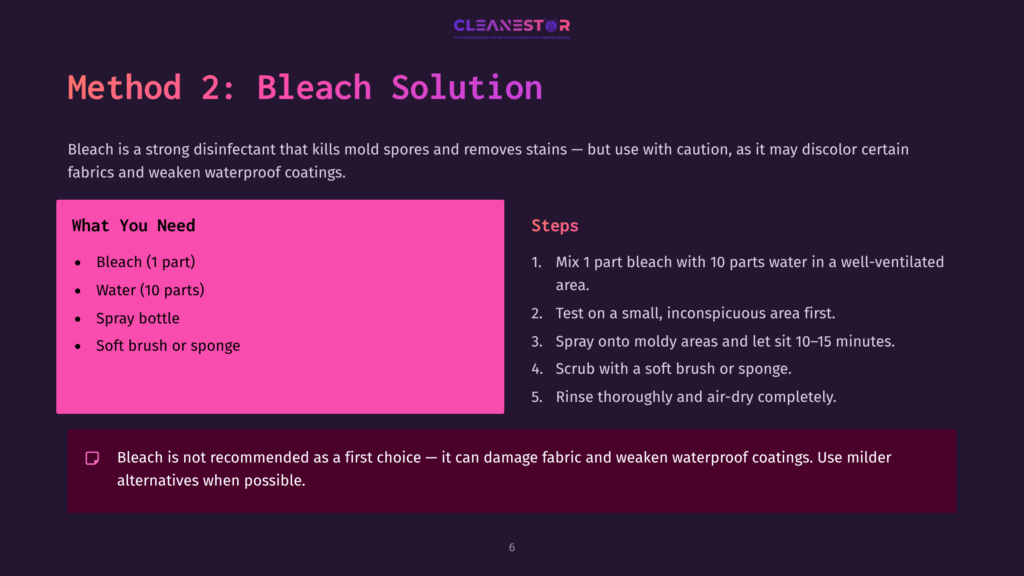 Cleanestor Method 2: Bleach Solution Instructions With &Quot;What You Need&Quot; And &Quot;Steps&Quot; Sections. Includes Bullet Points For Bleach, Water, Spray Bottle, And Brush, Plus Numbered Steps For Application.