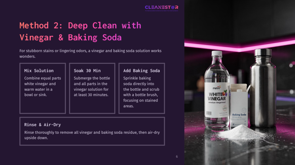 A Kitchen Counter With A Bottle Of White Vinegar And A Box Of Baking Soda, With The Text &Quot;Cleanestor&Quot; And Instructions For Cleaning With Vinegar And Baking Soda.