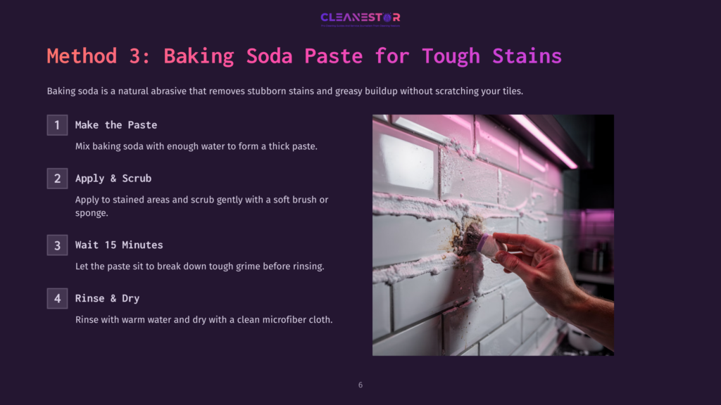 A Hand Applies A Thick Baking Soda Paste To A Stained Grout Line On A White Tiled Backsplash, Demonstrating Method 3: Baking Soda Paste For Tough Stains.