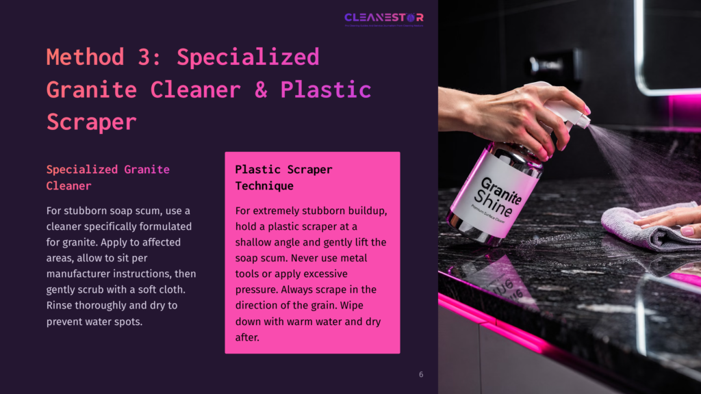 A Hand Sprays A Granite Cleaner Onto A Black Granite Countertop, With A Plastic Scraper Nearby. Text Overlays Read &Quot;Granite Shine&Quot; And &Quot;Method 3: Specialized Granite Cleaner &Amp; Plastic Scraper.