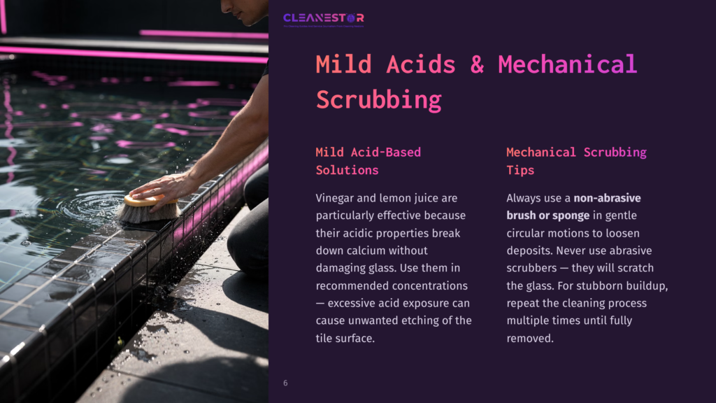 A Person Scrubs Glass Pool Tiles With A Sponge, Surrounded By Water And A Pink-Tinted Edge, Focusing On Calcium Removal.
