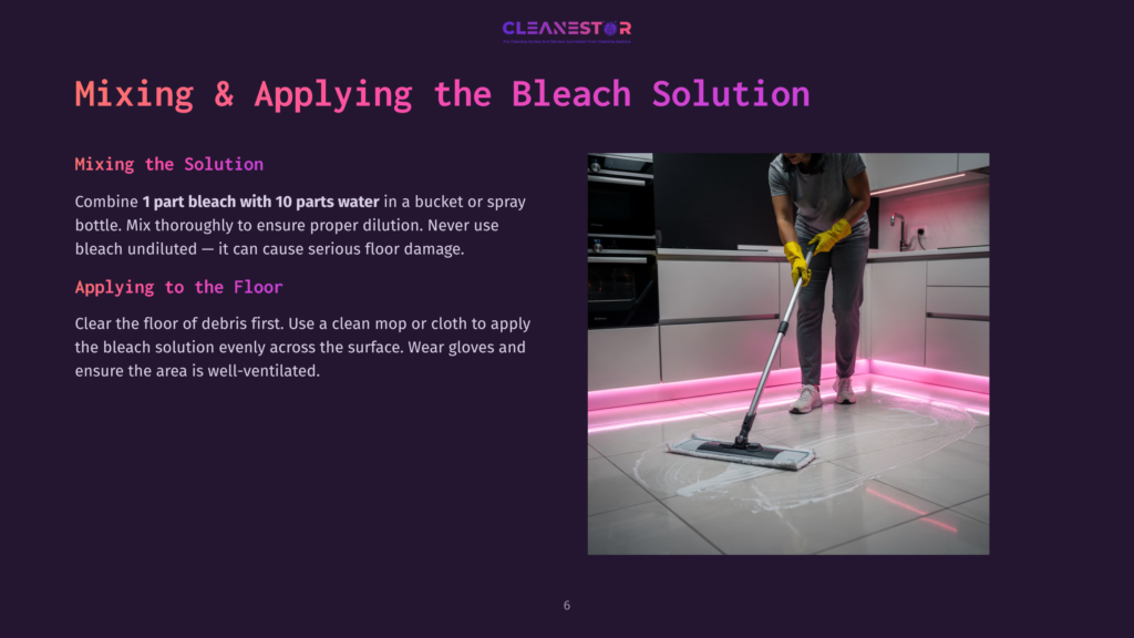 6 Mixing And Applying The Bleach Solution Person In Yellow Gloves Mopping A Light-Colored Floor With A Mop, Surrounded By Modern Kitchen Elements And Pink Ambient Lighting.