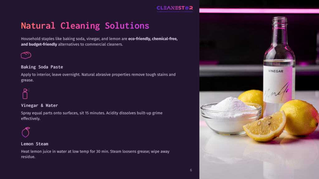 A Bottle Of Vinegar And A Bowl Of Baking Soda Sit Next To Lemons On A White Surface, With A Dark, Blurred Background. Text On The Bottle Reads &Quot;Vinegar&Quot;.