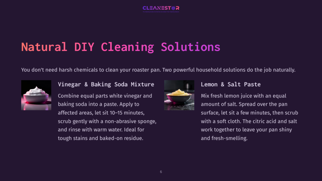 Two Diy Cleaning Solutions For Roaster Pans Are Displayed: A Vinegar And Baking Soda Mixture, And A Lemon And Salt Paste, On A Dark Background.