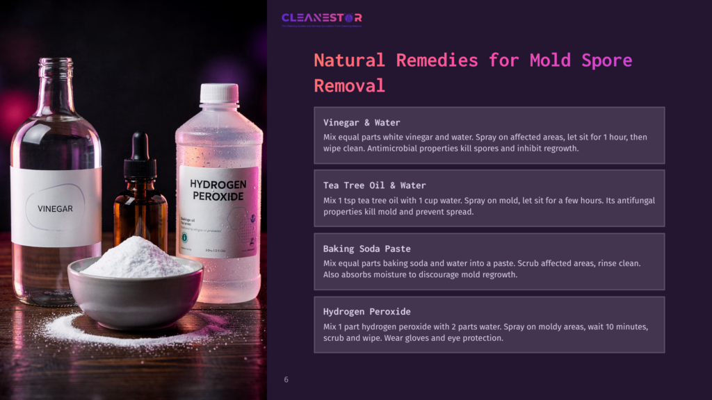 Arrangement Of Cleaning Products: A Clear Bottle Labeled &Quot;Vinegar&Quot;, A Spray Bottle Of &Quot;Hydrogen Peroxide&Quot;, A Jar Of &Quot;Tea Tree Oil&Quot;, And A Bowl Of &Quot;Baking Soda Paste&Quot; Against A Purple Background.