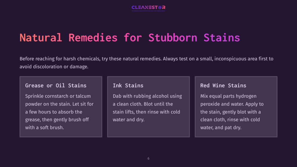 Purple Background With Three Sections Detailing Natural Remedies For Stains. Each Section Features A Heading, A Brief Description, And A Reminder To Test Remedies First.