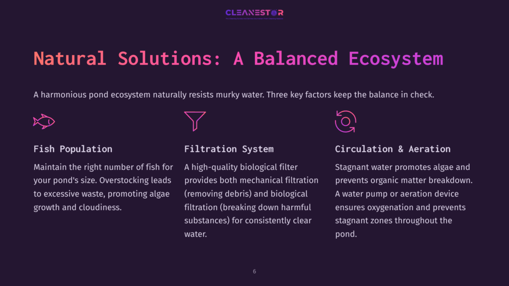 Infographic Detailing Natural Solutions For A Balanced Pond Ecosystem, Featuring Icons For Fish Population, Filtration System, And Circulation &Amp; Aeration, With Text Explaining Each Factor For Clear, Healthy Pond Water.