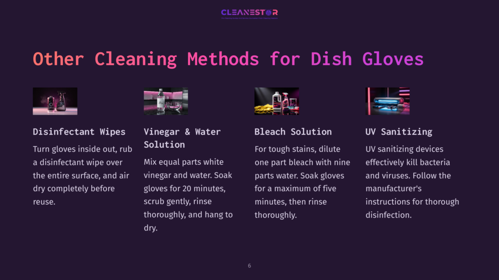A Dark Purple Background Displays Cleaning Methods For Dish Gloves, Featuring Icons And Text In Light Colors, With Highlighted Steps For Each Method.