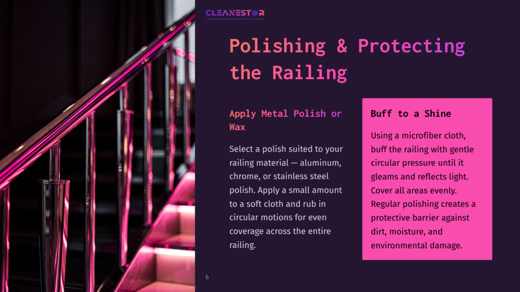 Pink-Lit Modern Staircase With Polished Metal Railings Being Buffed To A Shine With A Microfiber Cloth, Emphasizing Railing Polishing And Protection.