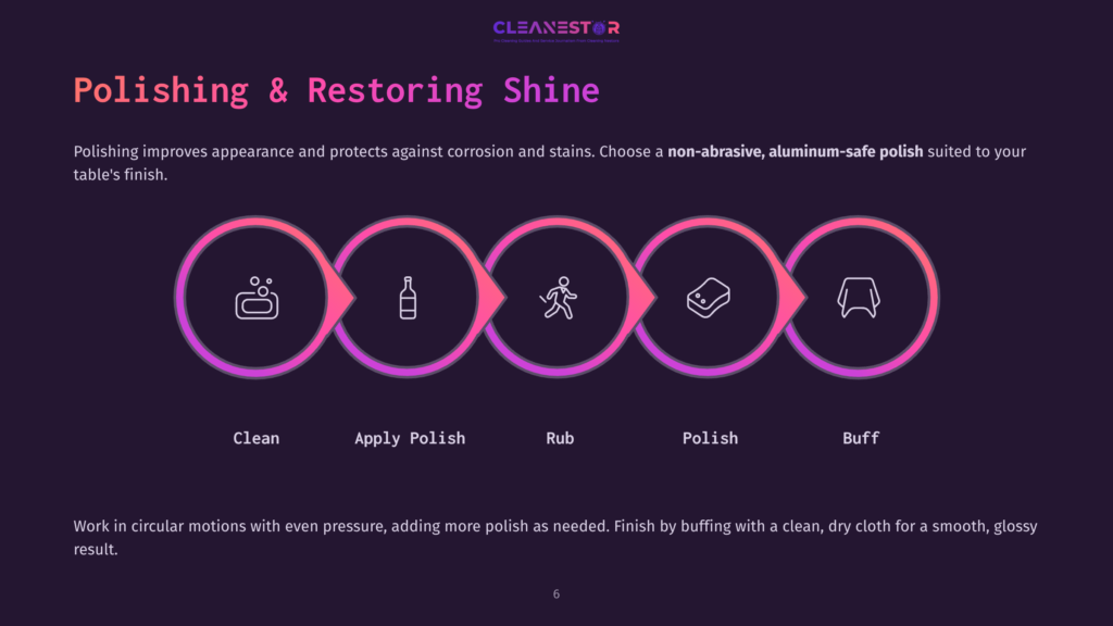 Five Steps Illustrated As Icons On A Dark Background: Clean, Apply Polish, Rub, Polish, And Buff, Highlighting Aluminum Table Care.