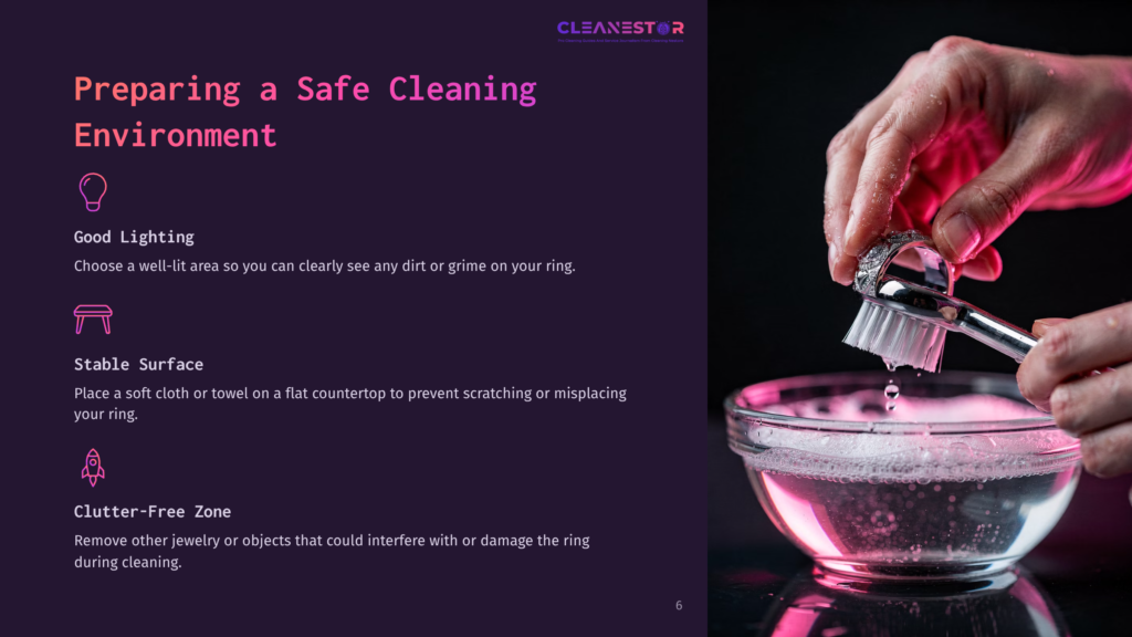 A Hand Scrubbing A Ring With A Brush Over A Bowl Of Pink Cleaning Solution, With Text About Creating A Safe Cleaning Environment.