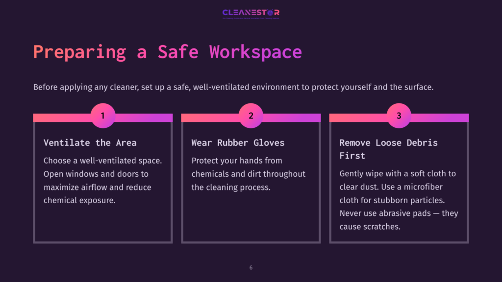 6 Preparing A Safe Workspace Graphic With A Dark Purple Background Outlining Three Steps For Workspace Safety: Ventilate Area, Wear Gloves, And Remove Debris. Pink Circles Highlight Each Step.