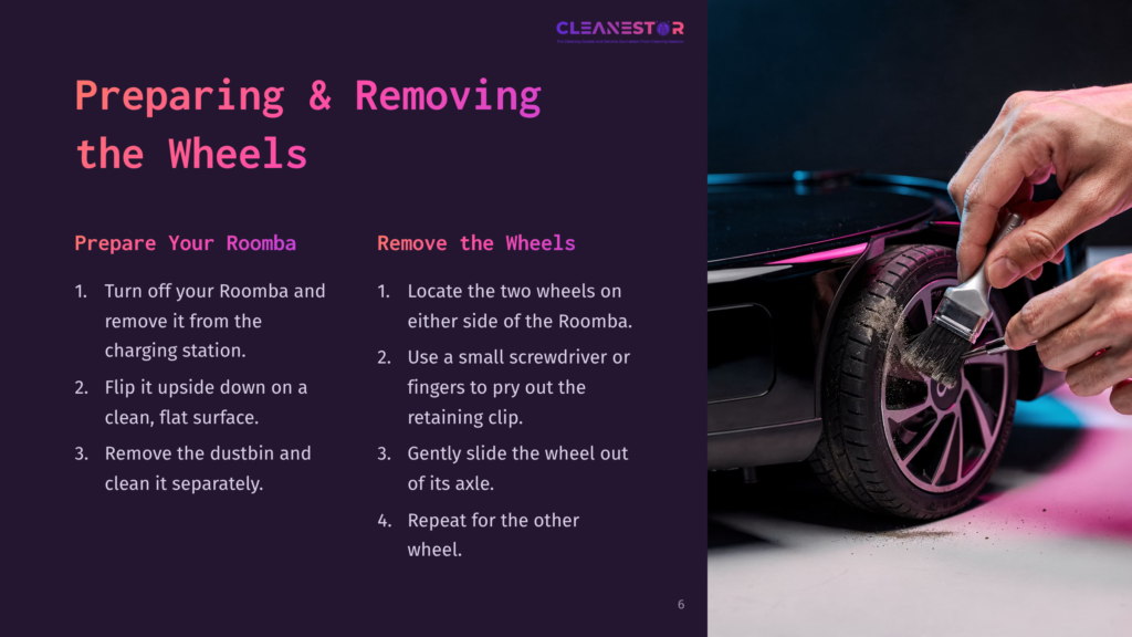 6 Preparing And Removing The Wheels A Close-Up Of A Roomba Wheel Being Removed Using A Small Screwdriver, With A Sleek Black Roomba And A Vibrant Purple Background.