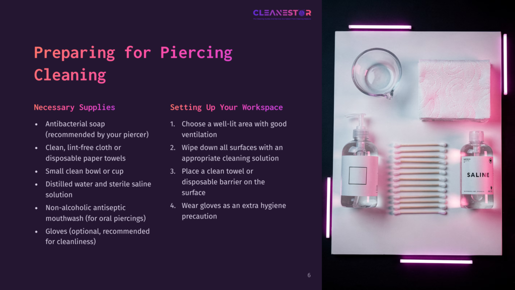 6 Preparing For Piercing Cleaning A Clean Workspace With Antibacterial Soap, Saline Solution, And Tools For Piercing Care, Set Against A Dark Background With Pink Accents.