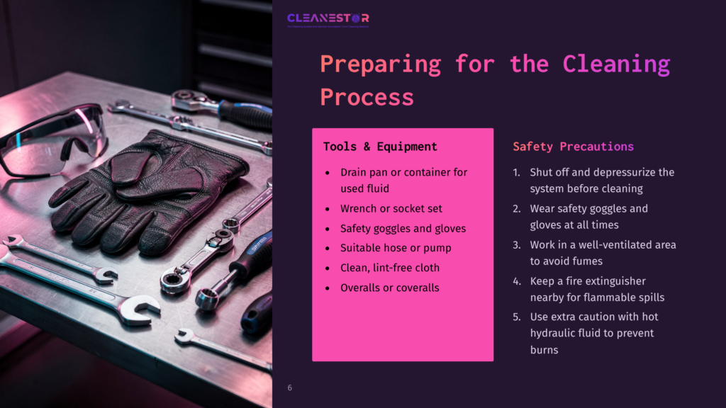 6 Preparing For The Cleaning Process Safety Precautions And Tools For Cleaning Equipment: Safety Goggles, Gloves, Wrench, And Cleaning Supplies Are Laid Out On A Metal Surface.