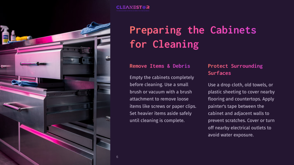 A Metal Cabinet With Open Drawers, Showcasing Cleaning Tools Like A Brush And Towels On A Purple Background With Text Instructions.