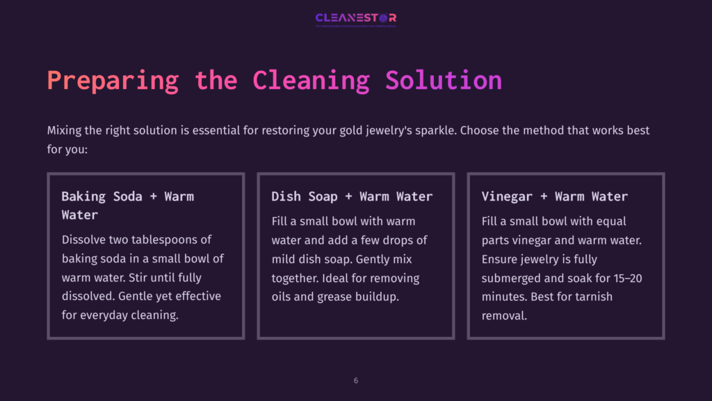A Dark Purple Background With The Title &Quot;Preparing The Cleaning Solution&Quot; And Three Columns Detailing Jewelry Cleaning Methods: Baking Soda + Warm Water, Dish Soap + Warm Water, And Vinegar + Warm Water.