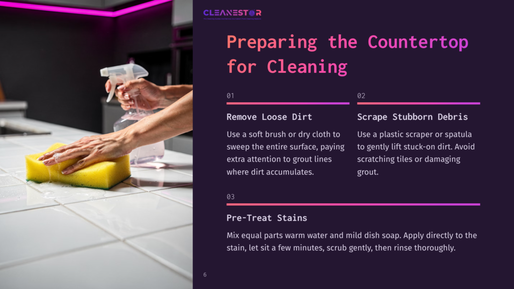 A Person'S Hands Scrub A White Tiled Countertop With A Yellow Sponge, Preparing For Cleaning. The Image Highlights Cleaning Steps: Removing Loose Dirt And Pre-Treating Stains.