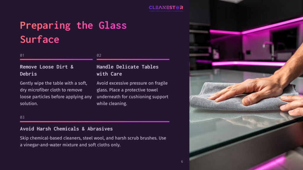 A Person Gently Wipes A Glass Table With A Microfiber Cloth, Alongside Tips For Cleaning Effectively Displayed In Purple And White Text.