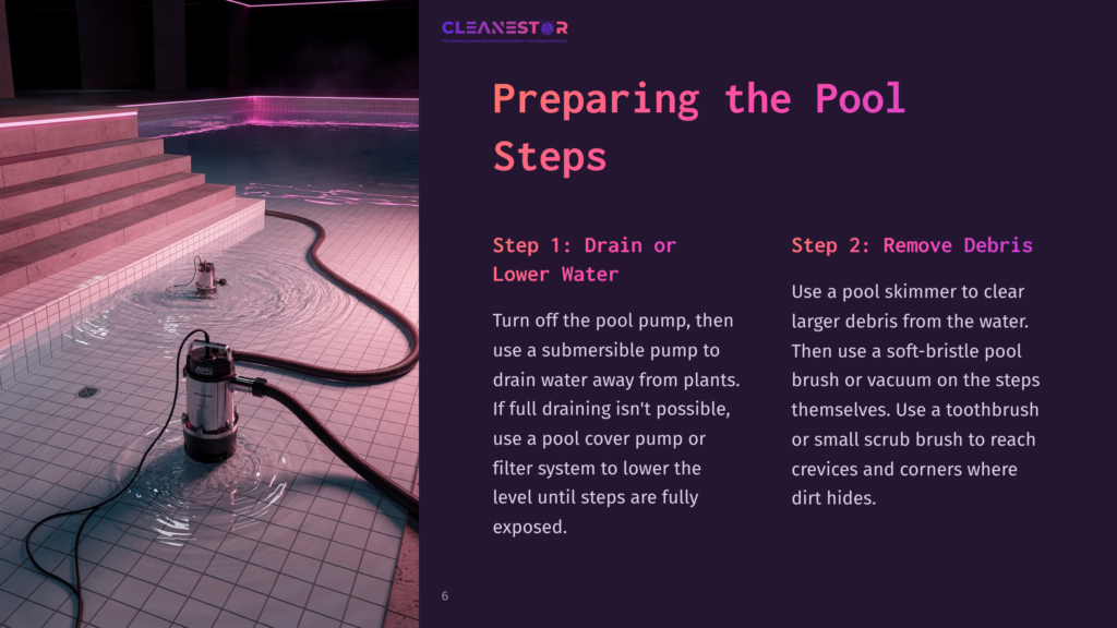 A Submersible Pool Pump With A Black Hose Is Submerged In The Shallow End Of A Modern Swimming Pool With Pink-Lit Stairs. The Text &Quot;Cleanestor&Quot; And &Quot;Preparing The Pool Steps&Quot; Is Visible.