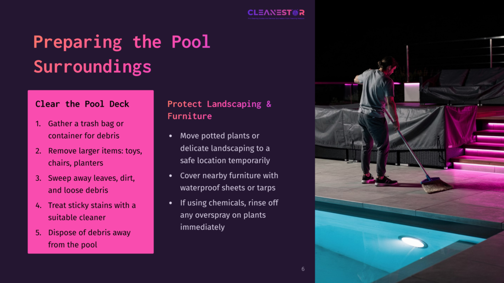 A Man In A Gray T-Shirt Sweeps Near A Brightly Lit Swimming Pool At Night, Preparing The Pool Deck And Surrounding Landscaping For Winter Or Storage. Text On The Left Lists Steps For Preparing The Pool Deck And Protecting Landscaping.