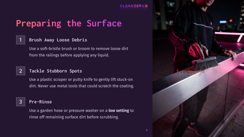 A Person Scrubbing A Silver Powder-Coated Aluminum Railing With A Brush, Set Against A Dark Background With Instructional Text.