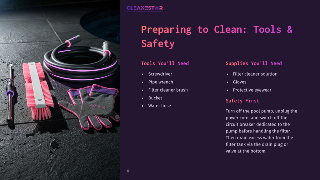 Cleanestor Logo Above A Dark, Wet Surface Showing Cleaning Tools: A Pink And Black Scrub Brush, A Purple And Grey Glove, And A Black Hose With Purple Accents.