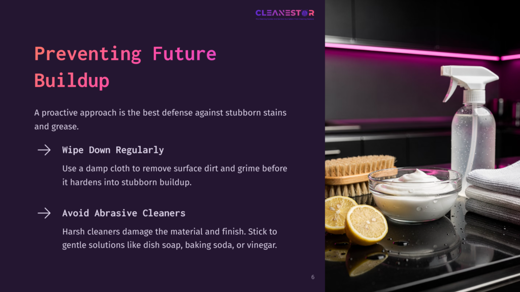 A Clear Spray Bottle, A Bowl Of Dish Soap, And Fresh Lemons On A Countertop, With A Purple Background And Text On Cleaning Tips.