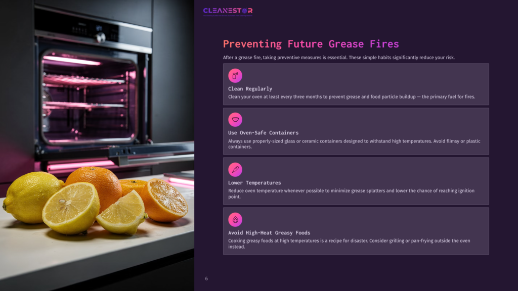 A Modern Oven With Glowing Pink Interior Lights Sits Next To A Bowl Of Fresh Lemons And Oranges, With Text About Preventing Future Grease Fires In The Cleanestor Brand Style.