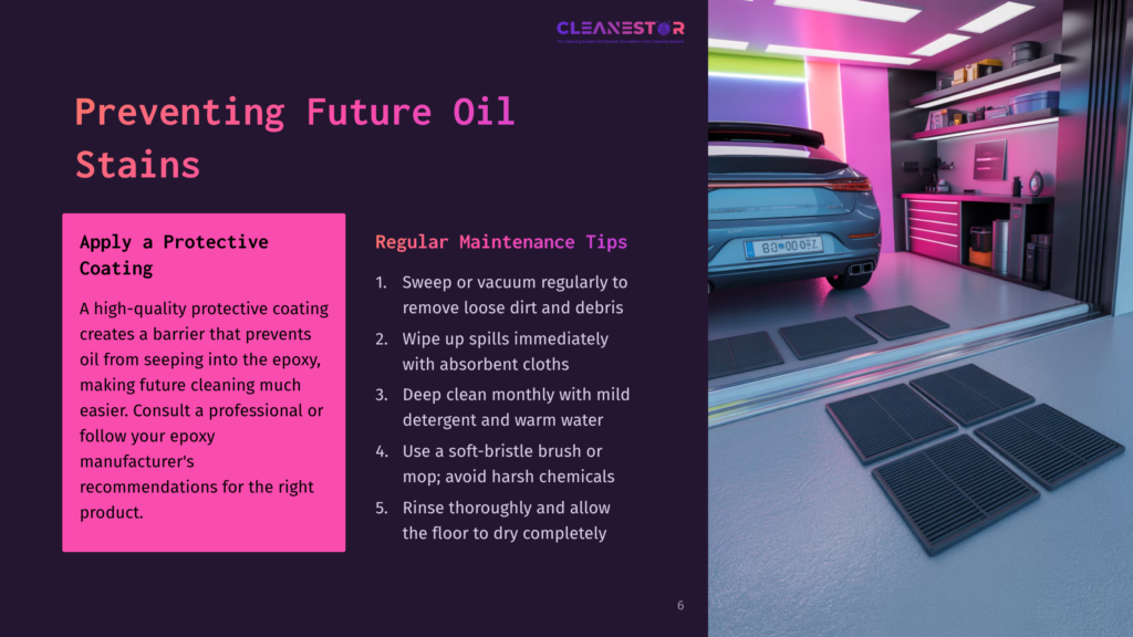 A Modern Garage Interior With A Sleek, Dark Car And The Text &Quot;Cleanestor&Quot; At The Top. The Garage Features Shelves Stocked With Cleaning Supplies, A Car Detailing Area With Floor Mats, And Bright, Colorful Lighting.