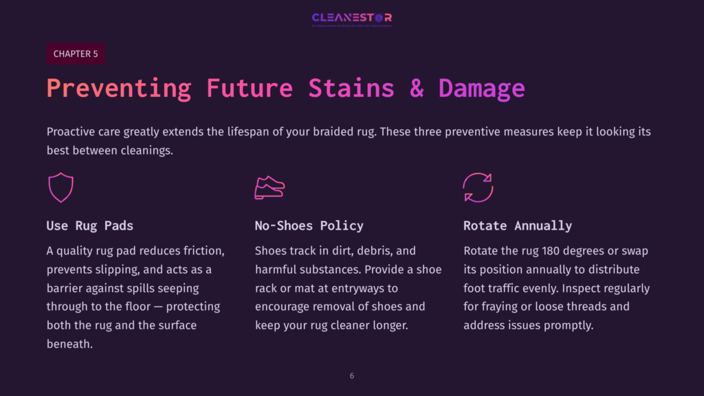 Text On A Dark Purple Background Outlining Tips On Maintaining A Braided Rug, With Sections Highlighted In Pink For Visibility And Emphasis.
