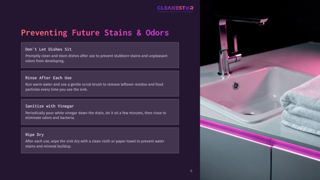A Modern Kitchen Sink With A Sleek Faucet And White Countertop, Illuminated By Purple Led Lights, With A White Towel Draped Over The Edge. Text Overlay: &Quot;Cleanestor Preventing Future Stains &Amp; Odors&Quot;.