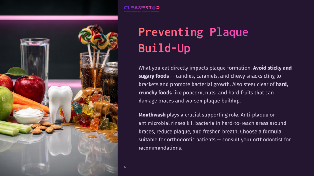 A Stark White Tooth Model Is Surrounded By A Mess Of Sticky, Sugary Foods Like Gummy Candies, Lollipops, And Caramel, Illustrating The Dangers Of Plaque Buildup And Unhealthy Eating Habits.