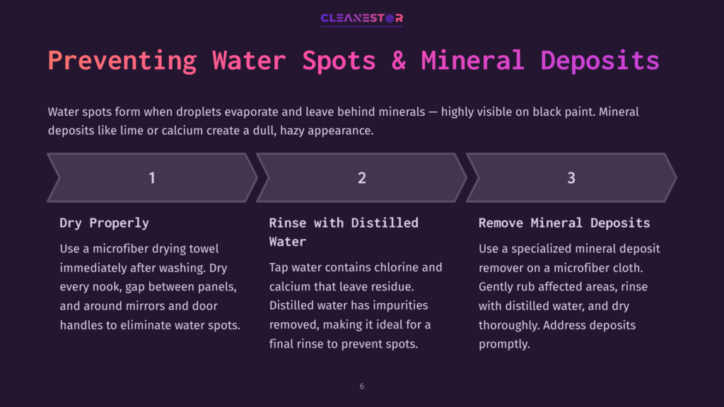Infographic Titled &Quot;Preventing Water Spots &Amp; Mineral Deposits&Quot; Showing 3 Steps: 1. Dry Properly With Microfiber Towel, 2. Rinse With Distilled Water, 3. Remove Mineral Deposits With Specialized Cleaner.